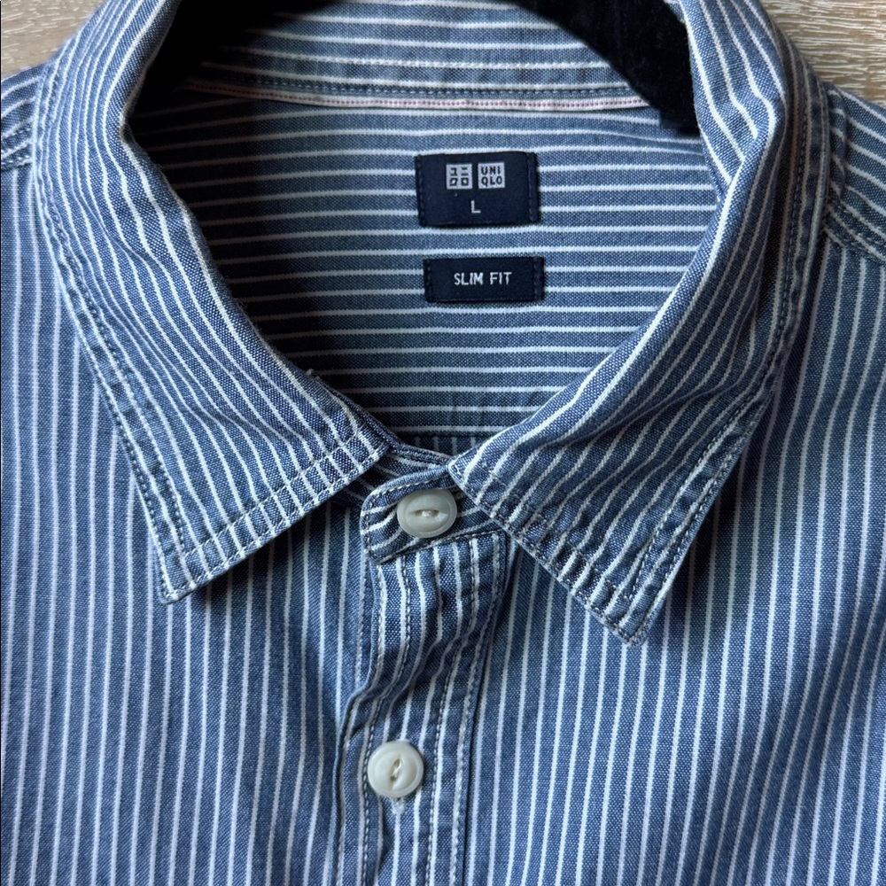 Uniqlo Men's Navy Striped Button Down Shirt